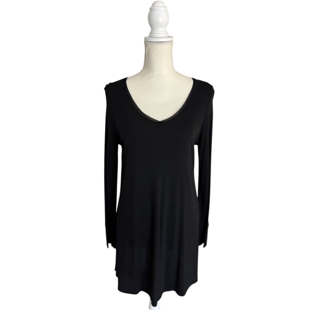 Eileen Fisher Stretch Silk Mesh Longline Rounded V Neck Long Sleeve Tunic Top